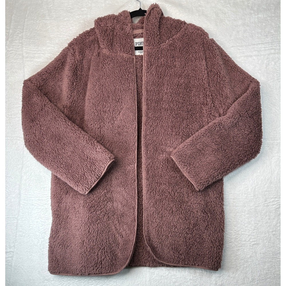 PINK Sherpa Cardigan Women M/L Mauve Pink Hooded Open Front Fleece